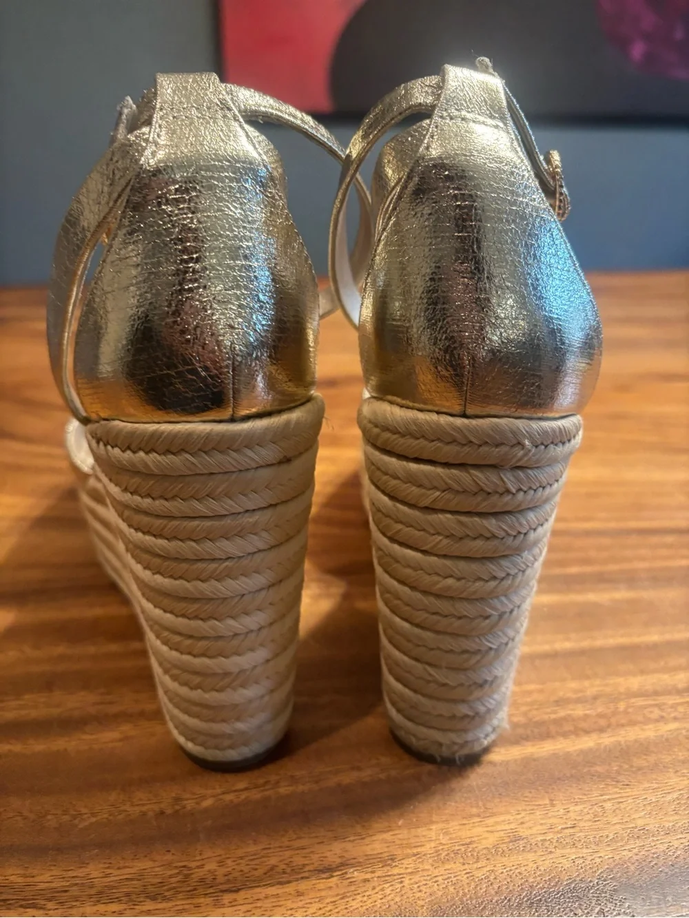 Franco Sarto Metallic Gold Wedge Espadrille Sandals size 9.5
